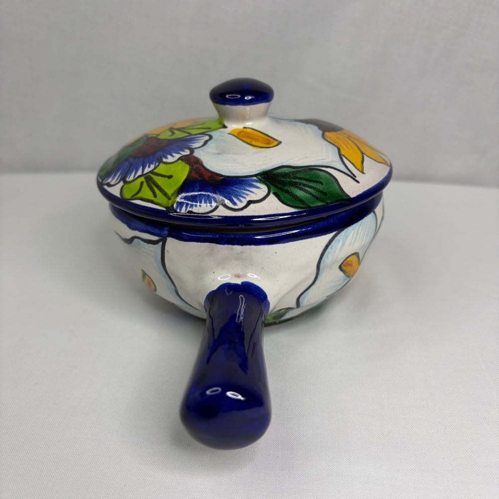Mexican Talavera Pottery Floral Salsa Guac Bean Handle Lid Hand Painted Signed - Picture 2 of 12